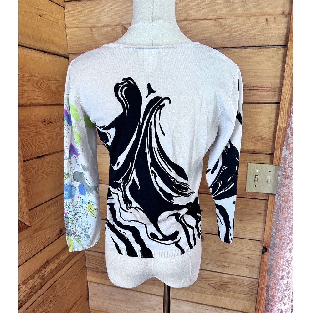 V-neck‎ Abstract Floral Swirl Graphic Print Sweater Womens Small White Spanner - Picture 5 of 8